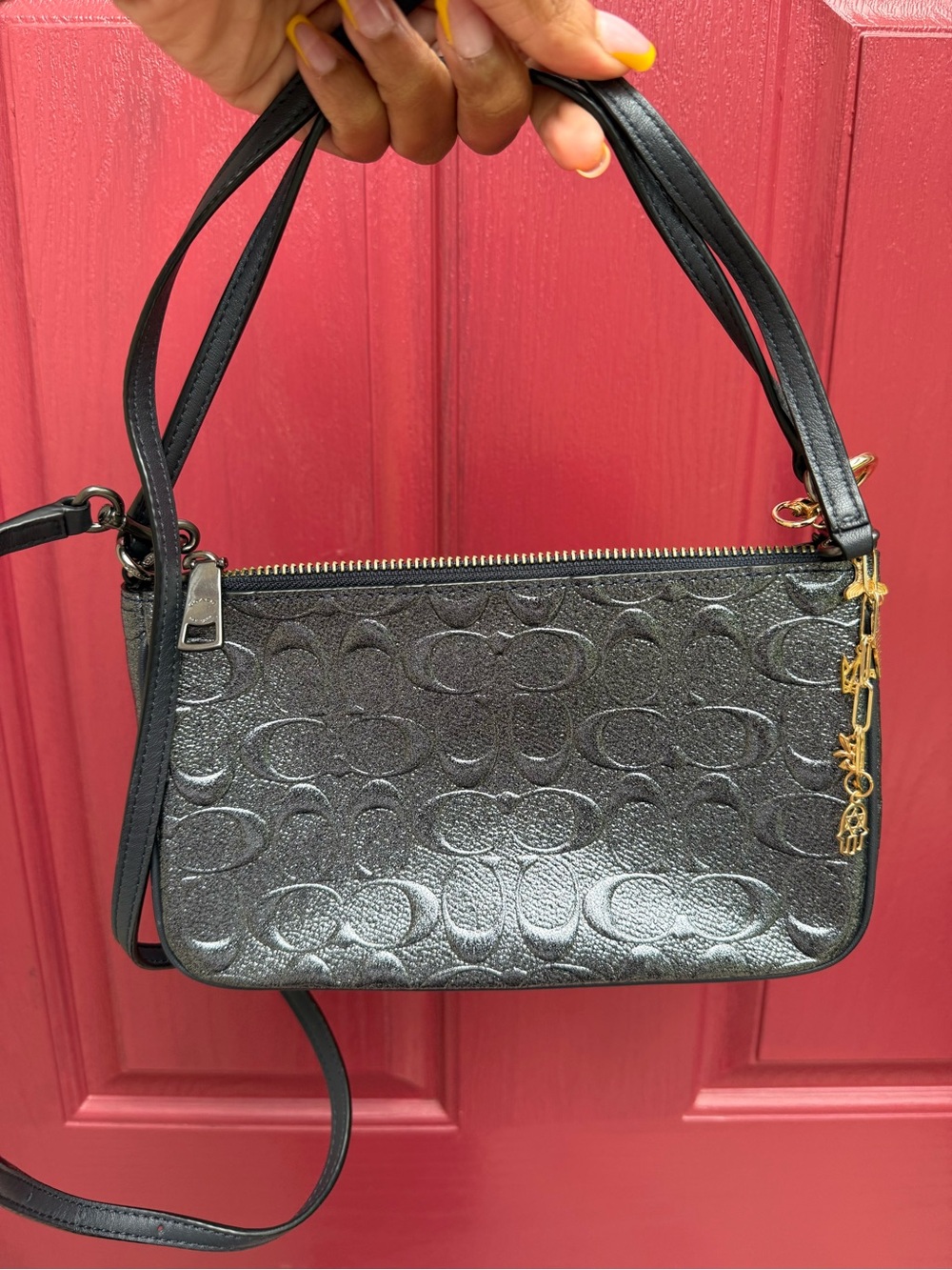 Coach Metallic Black Signature Embossed Crossbody